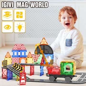 IGIVI Magnetic Tiles Road Set with Magnet Crane Car Toys, Construction Toys for Kids Ages 3-5 4-8 5-7, Creative Magnetic Building Blocks Toddler Toys, Gifts for 3+ Year Old Boys & Girls