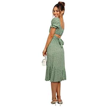 LYANER Women's 2 Piece Outfits Floral Self Tie Knot Crop Top and Midi Skirt Set Green Medium