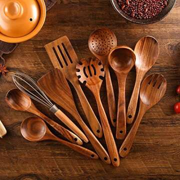 NAYAHOSE Wooden Spoons for Cooking, 10 Pcs Wooden Utensils for Cooking, NAYAHOSE Natural Teak Wood Spoons, Non-Stick Comfort Grip Kitchen Utensils Set