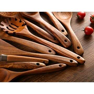 NAYAHOSE Wooden Spoons for Cooking, 10 Pcs Wooden Utensils for Cooking, NAYAHOSE Natural Teak Wood Spoons, Non-Stick Comfort Grip Kitchen Utensils Set