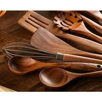 NAYAHOSE Wooden Spoons for Cooking, 10 Pcs Wooden Utensils for Cooking, NAYAHOSE Natural Teak Wood Spoons, Non-Stick Comfort Grip Kitchen Utensils Set