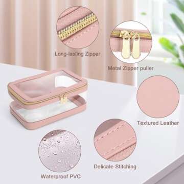 Soimeat Travel Clear Makeup Bag with Makeup Brush Bag, Leather Makeup Case Toiletry Bag, Portable Cosmetic Bag Case, Transparent Waterproof Cosmetic Organizer Storage Bag for Women, Pink
