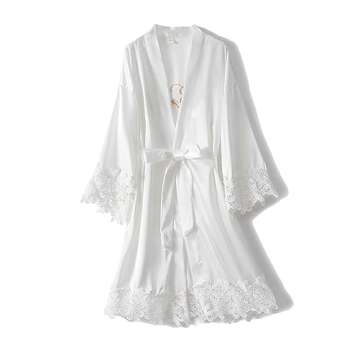 Crystal Dew Women's Lace Trim Bride Kimono Robes with Embroidery Bridal Silky Satin Bathrobe Wedding...