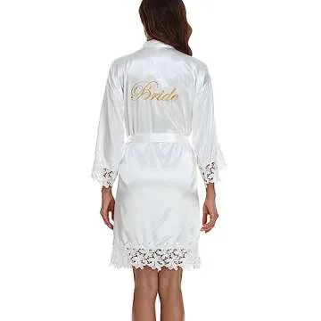 Elegant Lace Trim Bride Kimono Robes for Weddings