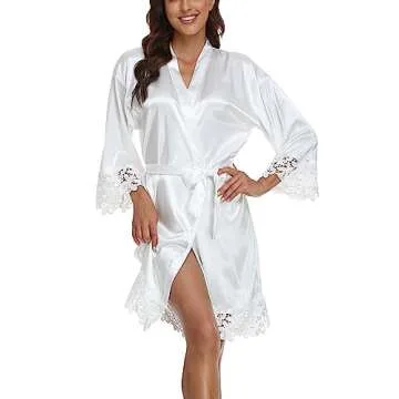 Elegant Lace Trim Bride Kimono Robes for Weddings
