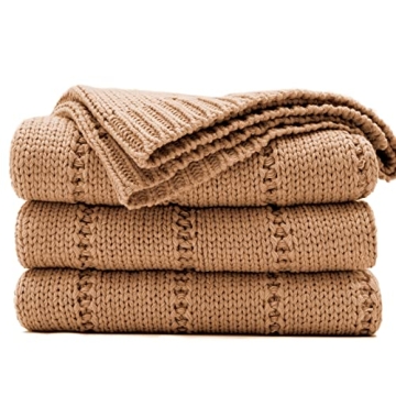 RECYCO Cable Knit Light Brown Throw Blanket - Super Soft & Warm Decorative
