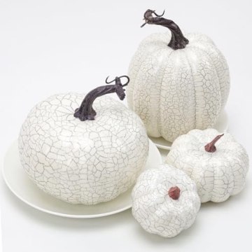 Kepfire 6Pcs Fake Halloween Pumpkin Simulation Crack Artificial Cushaw Fall Autumn Home Kitchen Vegetable Thanksgiving Party Decoration - White