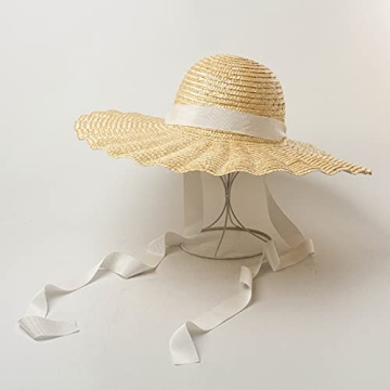Large Wavy Brim Ribbon Straw Hats Summer Hats for Women Ribbon Beach Cap Beach hat Dome Top Sun Hat Holiday Elegant