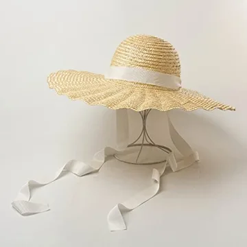 Large Wavy Brim Ribbon Straw Hats Summer Hats for Women Ribbon Beach Cap Beach hat Dome Top Sun Hat Holiday Elegant