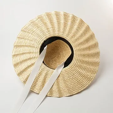Large Wavy Brim Ribbon Straw Hats Summer Hats for Women Ribbon Beach Cap Beach hat Dome Top Sun Hat Holiday Elegant