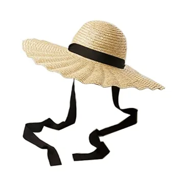 Large Wavy Brim Ribbon Straw Hats Summer Hats for Women Ribbon Beach Cap Beach hat Dome Top Sun Hat Holiday Elegant