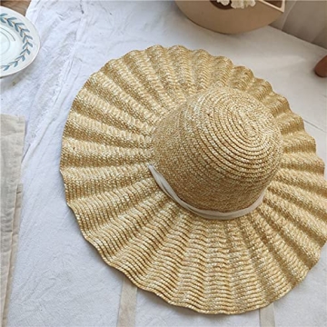 Large Wavy Brim Ribbon Straw Hats Summer Hats for Women Ribbon Beach Cap Beach hat Dome Top Sun Hat Holiday Elegant