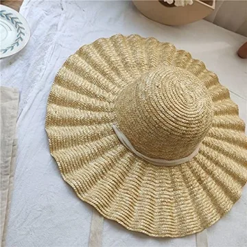Large Wavy Brim Ribbon Straw Hats Summer Hats for Women Ribbon Beach Cap Beach hat Dome Top Sun Hat Holiday Elegant