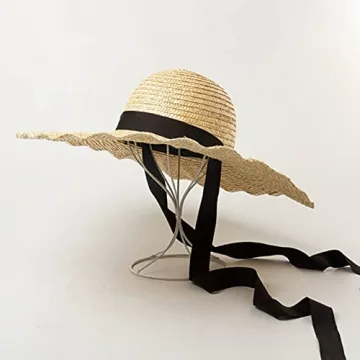 Large Wavy Brim Ribbon Straw Hats Summer Hats for Women Ribbon Beach Cap Beach hat Dome Top Sun Hat Holiday Elegant