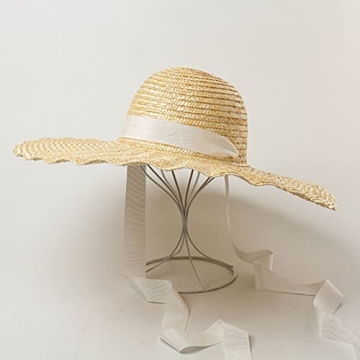Large Wavy Brim Ribbon Straw Hats Summer Hats for Women Ribbon Beach Cap Beach hat Dome Top Sun Hat Holiday Elegant