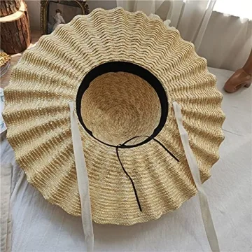 Large Wavy Brim Ribbon Straw Hats Summer Hats for Women Ribbon Beach Cap Beach hat Dome Top Sun Hat Holiday Elegant