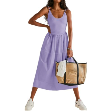 Fisoew Womens Spaghetti Strap Dress V Neck Backless Summer Casual A Line Cami Dress with Pocket Purp...
