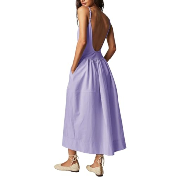 Fisoew Womens Spaghetti Strap Dress V Neck Backless Summer Casual A Line Cami Dress with Pocket Purple