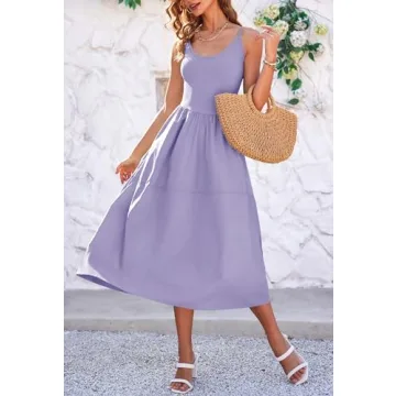 Fisoew Womens Spaghetti Strap Dress V Neck Backless Summer Casual A Line Cami Dress with Pocket Purple