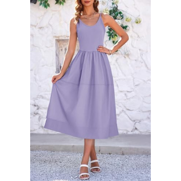 Fisoew Womens Spaghetti Strap Dress V Neck Backless Summer Casual A Line Cami Dress with Pocket Purple