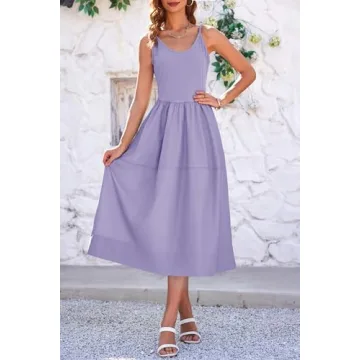 Fisoew Womens Spaghetti Strap Dress V Neck Backless Summer Casual A Line Cami Dress with Pocket Purple