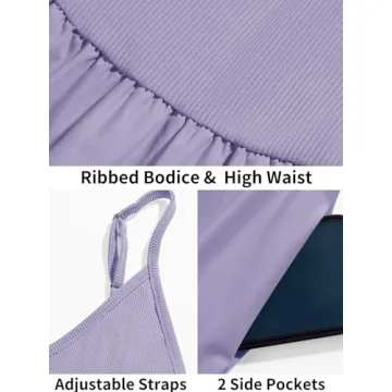 Fisoew Womens Spaghetti Strap Dress V Neck Backless Summer Casual A Line Cami Dress with Pocket Purple