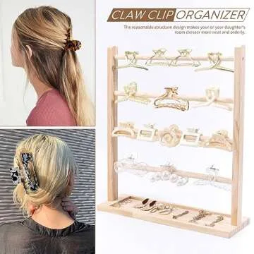PABOBIT Claw Clip Organizer, Wooden Hair Clip Organizer Storage for Women Girls, Table Standing Claw Clip Holder Hair Clip Organizer (beige)