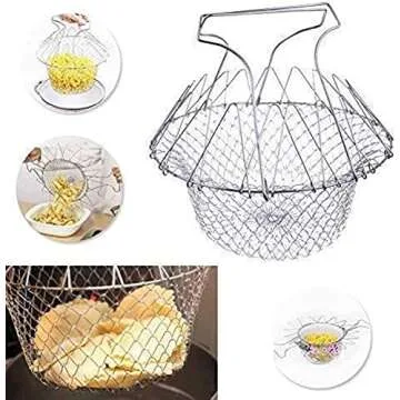 Delidge Foldable Stainless Steel Deep Fry Basket Multifunction Steam Rinse Strain Fry Strainer Net Telescopic Folding Basket Fry Basket for Fried Food or Fruits Kitchen Utensil Cooking Net Gadgets