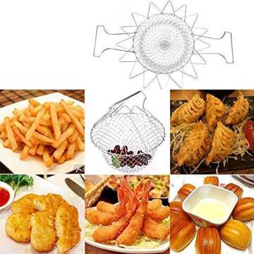 Delidge Foldable Stainless Steel Deep Fry Basket Multifunction Steam Rinse Strain Fry Strainer Net Telescopic Folding Basket Fry Basket for Fried Food or Fruits Kitchen Utensil Cooking Net Gadgets
