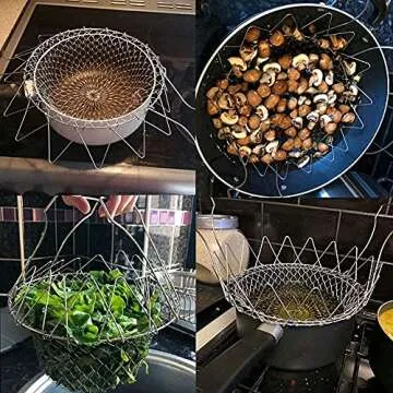 Delidge Foldable Stainless Steel Deep Fry Basket Multifunction Steam Rinse Strain Fry Strainer Net Telescopic Folding Basket Fry Basket for Fried Food or Fruits Kitchen Utensil Cooking Net Gadgets
