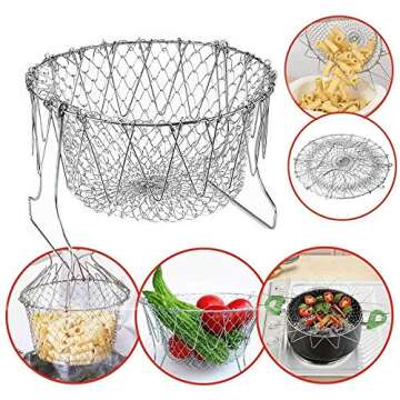Delidge Foldable Stainless Steel Deep Fry Basket Multifunction Steam Rinse Strain Fry Strainer Net Telescopic Folding Basket Fry Basket for Fried Food or Fruits Kitchen Utensil Cooking Net Gadgets