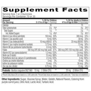 OLLY Kids Multivitamin & Probiotic Gummy, Digestive Support, Vitamins A, D, C, E, B, Zinc, Chewable Supplement, Berry Flavor, 35 Day Supply - 70 Count