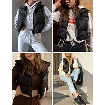 Yeokou Women's Cropped Puffer Vest Zip Up Stand Collar Sleeveless Outerwear with Pockets