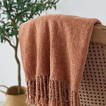 BOURINA Chenille Fluffy Throw Blanket with Decorative Fringe for Couch Cover Sofa Chair Blanket（50×60 Inches） Orange