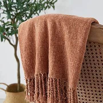 BOURINA Chenille Fluffy Throw Blanket with Decorative Fringe for Couch Cover Sofa Chair Blanket（50×60 Inches） Orange