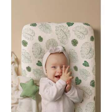 Blissful Diary Muslin Changing Pad Cover for Girls Boys, Ultra Soft Breathable Cotton, Baby Diaper Change Table Pad Covers, 2Pack (Monstera Leaves&Dark Green)