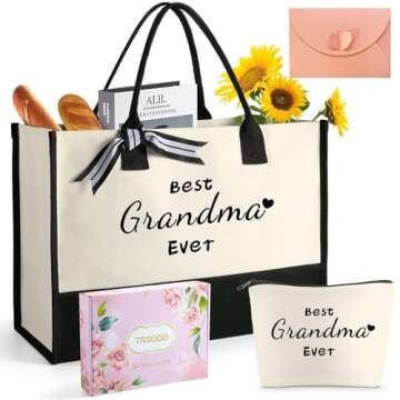 Mothers Day Gifts for Grandma, Grandma Gifts, Embroidery Can-vas Tote Bag for Women w Makeup Bag Inner Pocket Gifts Box Card,Grandma Gifts Christmas, Grandma Bag, Personalized Grandma Birthday Gifts