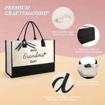 Mothers Day Gifts for Grandma, Grandma Gifts, Embroidery Can-vas Tote Bag for Women w Makeup Bag Inner Pocket Gifts Box Card,Grandma Gifts Christmas, Grandma Bag, Personalized Grandma Birthday Gifts