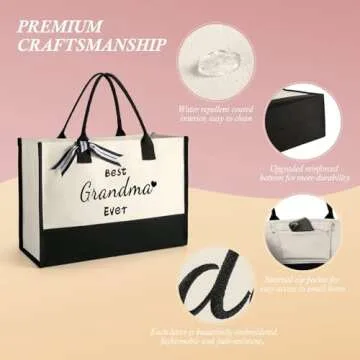 Mothers Day Gifts for Grandma, Grandma Gifts, Embroidery Can-vas Tote Bag for Women w Makeup Bag Inner Pocket Gifts Box Card,Grandma Gifts Christmas, Grandma Bag, Personalized Grandma Birthday Gifts