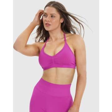 NEWVISISTER NVS Sports Bras for Women Open Back Amplify Halter Bra Adjustable Straps Padded Seamless Workout Crop Tops, Hot Pink, Small