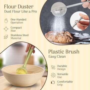 Banneton Bread Proofing Basket Set Sourdough Starter Kit Round 9" Rattan Proofing Basket, 36oz Large Wide Sourdough Starter Jar, Bread Lame, Sourdough Bread Baking Supplies, Banneton Basket Gift Set