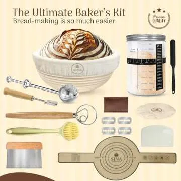 Banneton Bread Proofing Basket Set Sourdough Starter Kit Round 9" Rattan Proofing Basket, 36oz Large Wide Sourdough Starter Jar, Bread Lame, Sourdough Bread Baking Supplies, Banneton Basket Gift Set