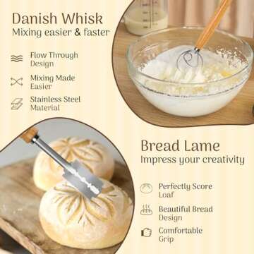 Banneton Bread Proofing Basket Set Sourdough Starter Kit Round 9" Rattan Proofing Basket, 36oz Large Wide Sourdough Starter Jar, Bread Lame, Sourdough Bread Baking Supplies, Banneton Basket Gift Set