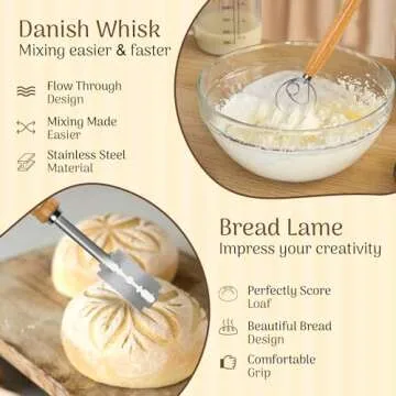 Banneton Bread Proofing Basket Set Sourdough Starter Kit Round 9" Rattan Proofing Basket, 36oz Large Wide Sourdough Starter Jar, Bread Lame, Sourdough Bread Baking Supplies, Banneton Basket Gift Set