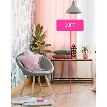 Pink Extension Cord 10 ft, NTONPOWER Long Cord Power Strip Flat Plug, 3 Outlets 2 USB Desktop Chargi...