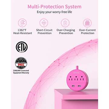 Pink Extension Cord 10 ft, NTONPOWER Long Cord Power Strip Flat Plug, 3 Outlets 2 USB Desktop Charging Station Wall Mount, Compact for Home, Dorm Room, Office and Cruise Ship Nightstand