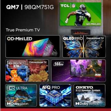TCL 98-Inch QM7 QLED 4K Smart QD-Mini LED TV with Google TV (98QM751G, 2024 Model) Dolby Vision IQ, Dolby Atmos, HDR, Game Accelerator up to 240Hz, Voice Remote, Works with Alexa, Streaming Television