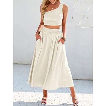 ANRABESS Women's 2 Pieces Outfits One Shoulder Smocked Crop Top & High Waist Long Skirt Dress Set with Pockets Beige Small