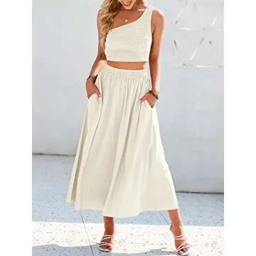 ANRABESS Women's 2 Pieces Outfits One Shoulder Smocked Crop Top & High Waist Long Skirt Dress Set with Pockets Beige Small