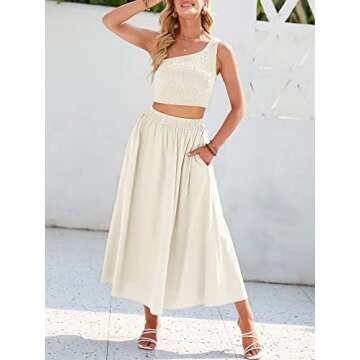 ANRABESS Women's 2 Pieces Outfits One Shoulder Smocked Crop Top & High Waist Long Skirt Dress Set with Pockets Beige Small